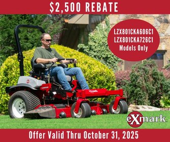 We’re offering an incredible $2,500 REBATE on select Exmark models (LZX801CKA606C1 & LZX801CKA726C1)